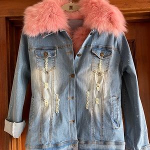 Distressed Denim Jacket with Pink Fur